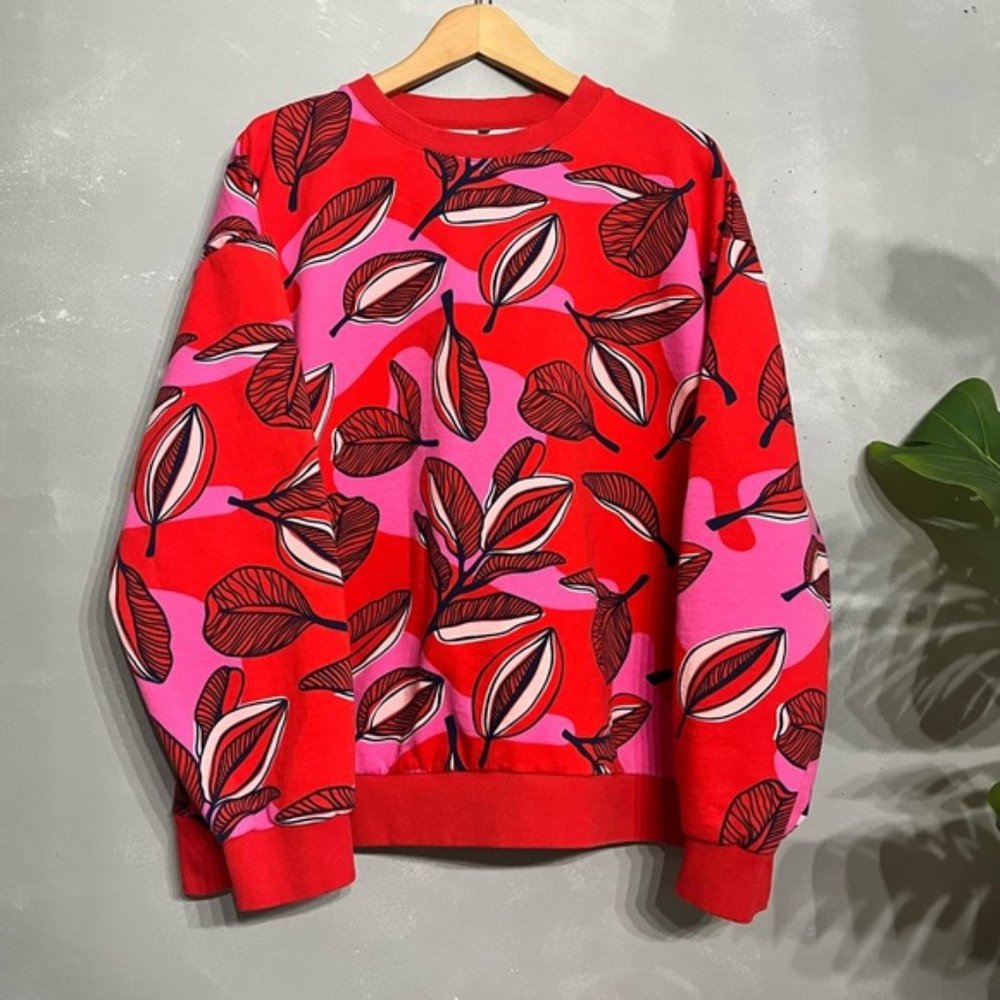 WÓLCZANKA | red pink crewneck floral leaf print bright sweatshirt - size XL